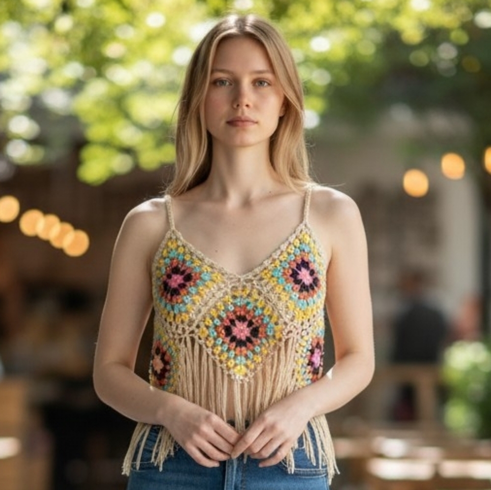 Vivid Colorful Crochet Fringe Crop Top NWT Concert Boho